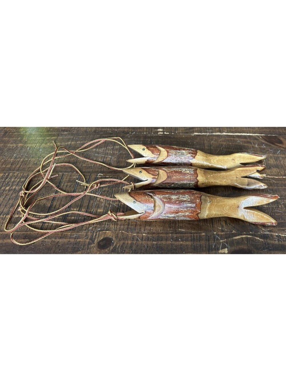 VTG Hand Carved Wood Fish Stringer Lot 3 Cedar Trout Folk Art Cabin Lake 10.5"